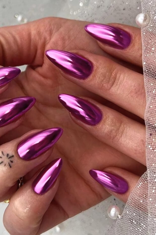 Metallic purple nails with shiny mirror-like finish
